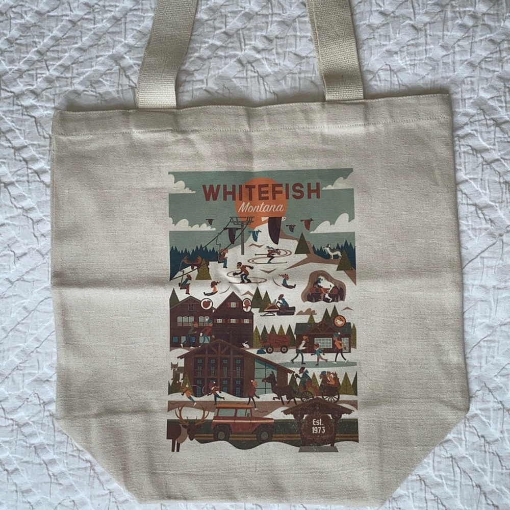Whitefish Montana mountains and skiing canvas tote